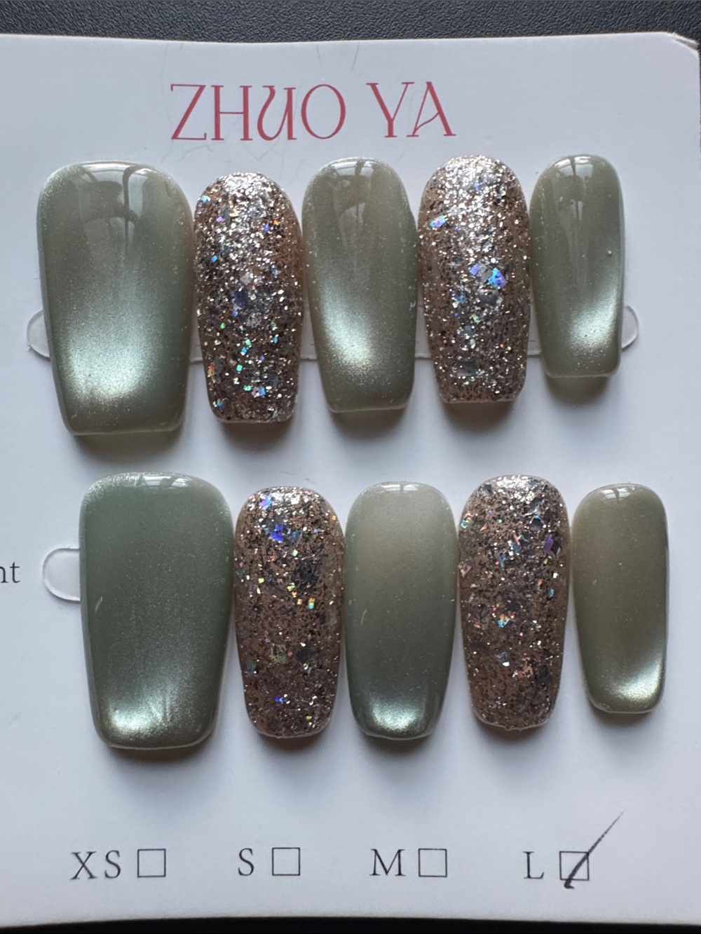 Sage Cat-eye & Glitter Press-On Nails